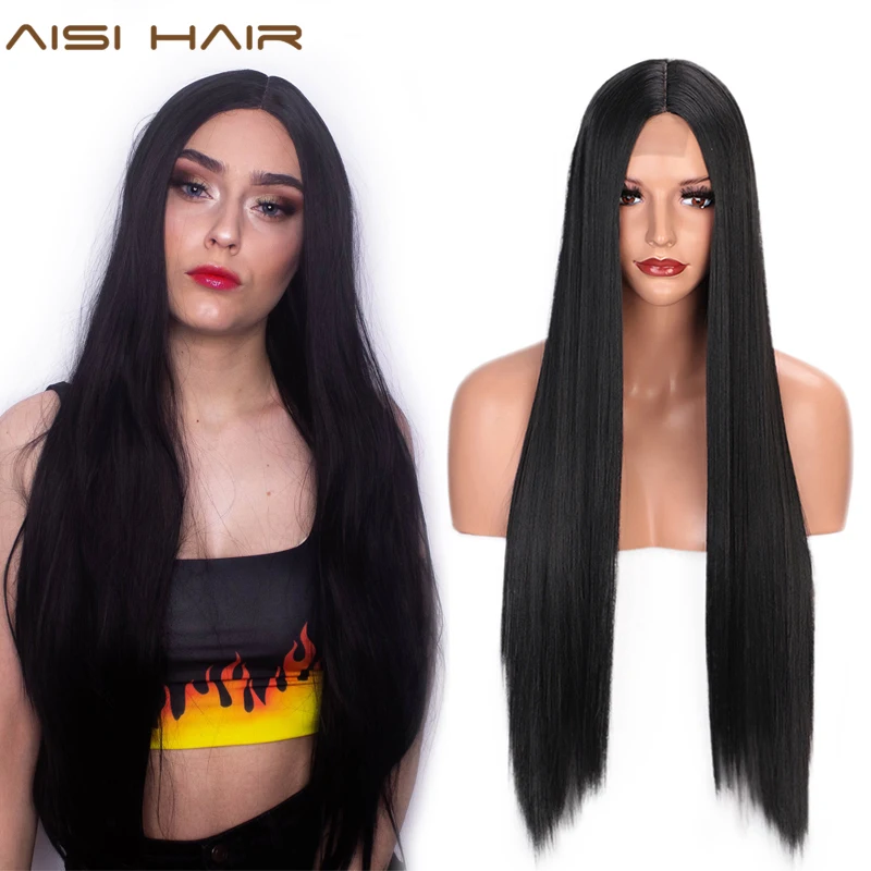 

AISI HAIR Long Straight Black Wig Synthetic Wigs for Women Natural Middle Part Lace Wig Heat Resistant Fiber Natural Looking Wig