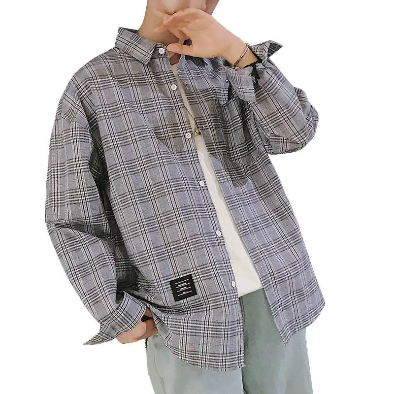 Японская демисезонная уличная одежда хип-хоп хлопковые топы, Пальто Повседневная рубашка с длинными рукавами для мужчин свободный серый плед рубашки для мужчин