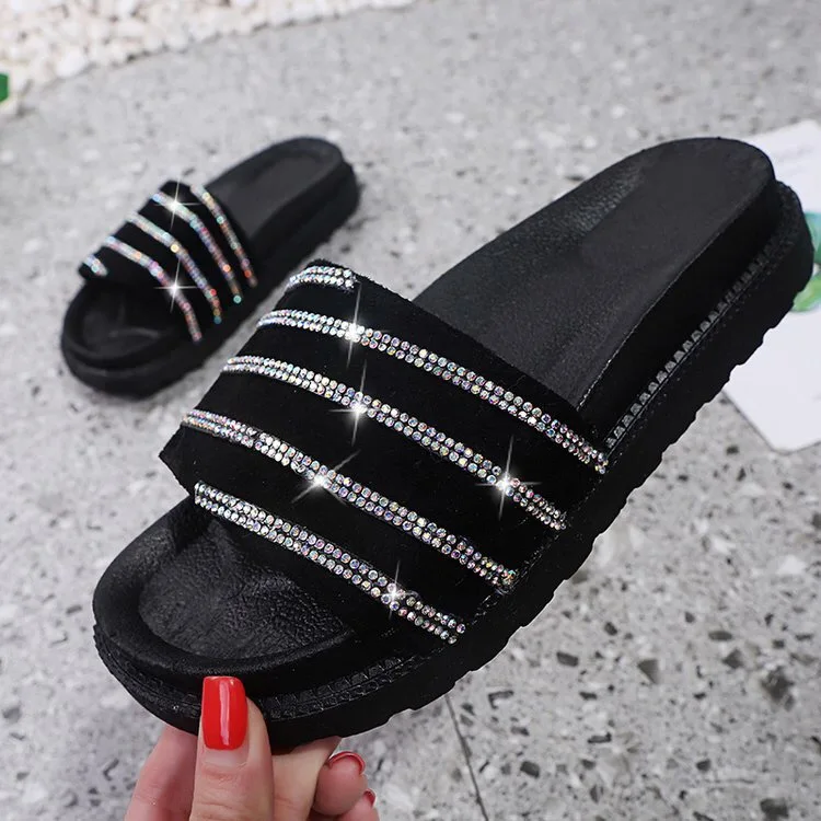 

Summer New 2020 Women Rhinestone Candy Color Sandals Outdoor Wild Beach Slippers Rubber Non-slip Durable Flip Flops Stripe MS