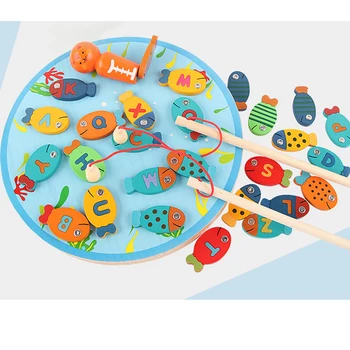 

Wooden Magnetic Fishing Toys 26 Pcs Fish Cat Catching Fish Children's Fishing Game Baby Development Educational Toy For Children