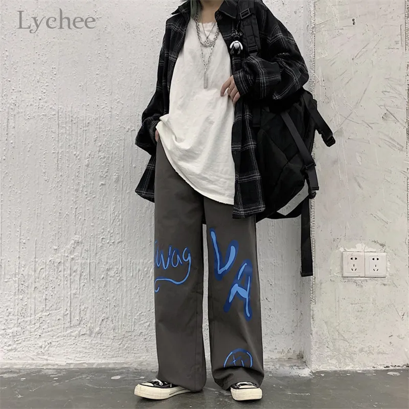 Lychee, Харадзюку, с надписью, сердце, хлопок, женские штаны, эластичная талия, широкие, женские брюки, повседневные, свободные, весна, осень, женские штаны