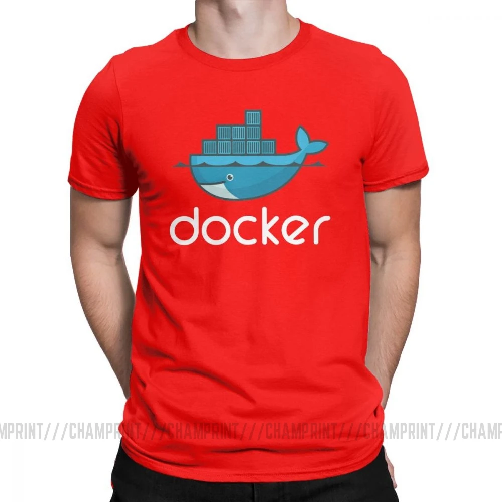 Красный Мужская футболка с логотипом Docker, Linux, Javascript, компьютерная хлопковая одежда, Забавные футболки с коротким рукавом и круглым вырезом, графические футболки - Цвет: Красный
