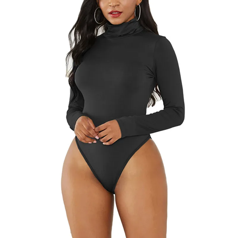 black bodysuit Женское сексуальное боди с длинным рукавом на осень и зиму, Женское боди с высоким воротом, женский сексуальный комбинезон, облегающий модный однотонный боди - Цвет: black bodysuit