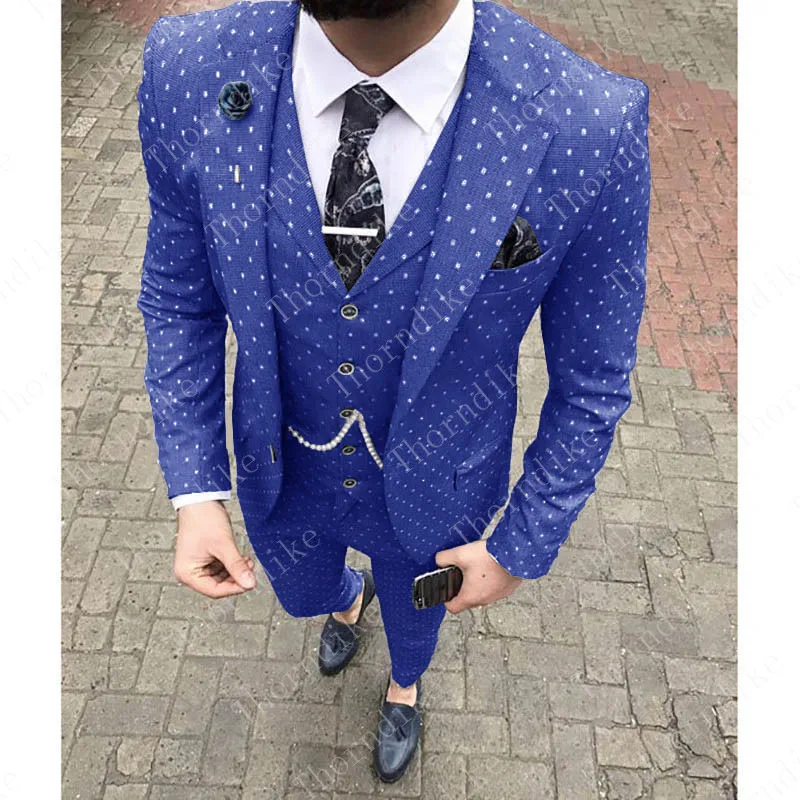 Блейзер+ брюки+ жилет) темно-синий мужской костюм в горошек приталенная одежда для свадьбы деловой мужской фиолетовый костюм элегантный костюм Mariage Homme XS-5XL