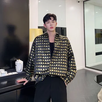 

Male Streetwear Hip Hop Loose Business Casual Shirt Men Vintage Fashion Golden Elephant Long Sleeve Shirt Stage Show Dress Shirt