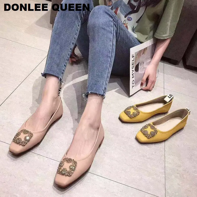 

Rhinestone Buckle Flat Shoes Women Slip On Ballet Flats Square Toe Female Spring Low Heels Soft Moccasins Brand Fashion Footwear