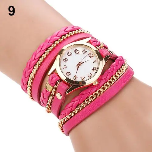 Женские часы, винтажные, многослойные, искусственная кожа, сплав, плетеный браслет, наручные часы, ювелирные часы, женские часы, Relogio Feminino Reloj - Цвет: Rose Red