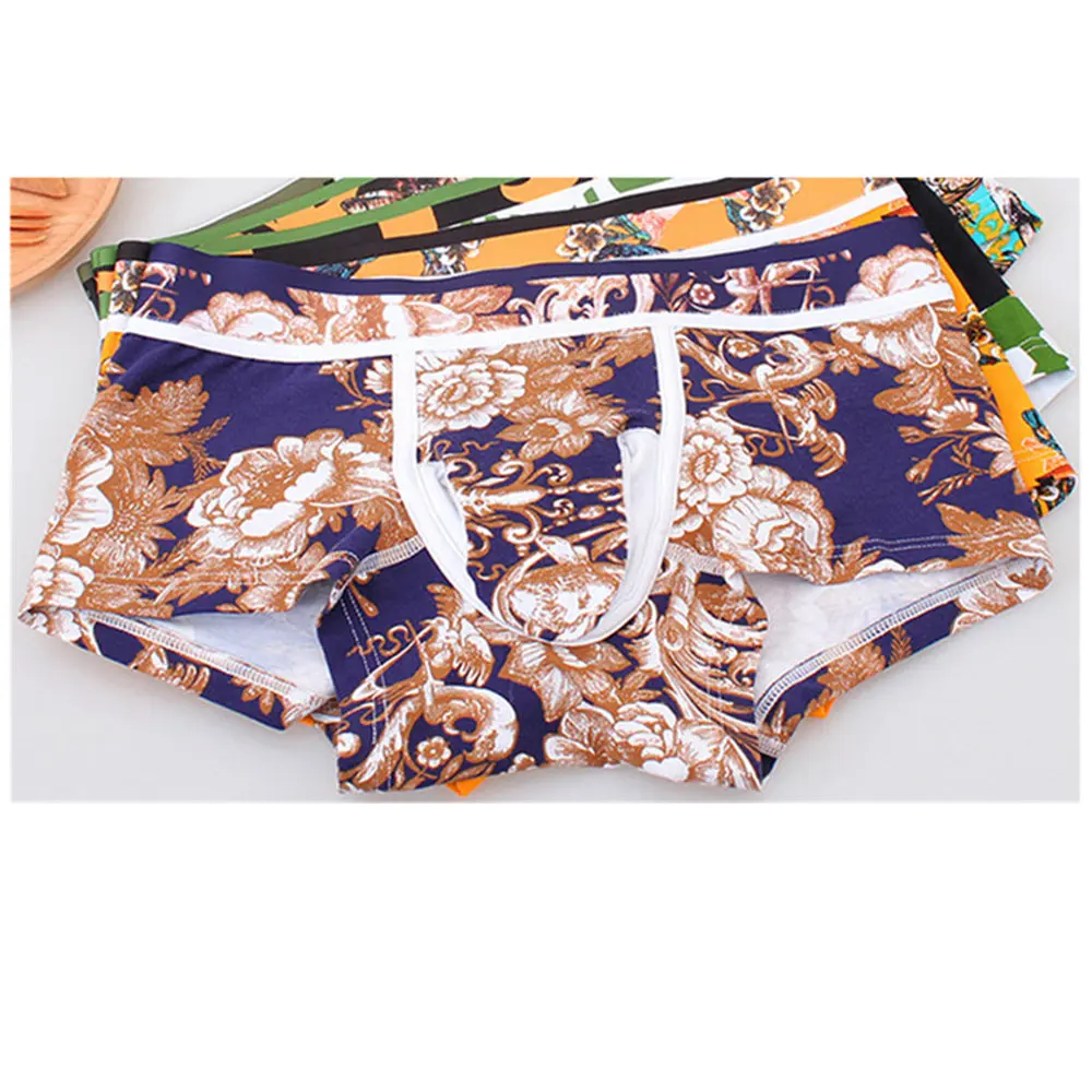 

5pcs Mens Printed Elephant Boxer Underwear Set Sexy Convex Pouch Panties Pack Mid Waist Cotton Underpants Shorts Flower Print G