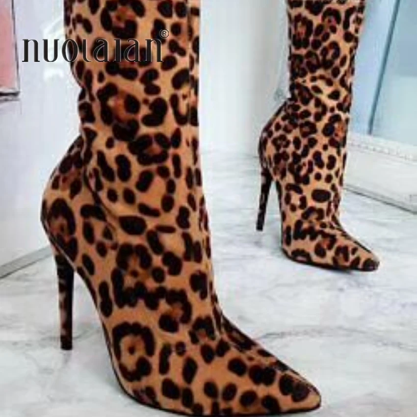 Сексуальный носок сапоги леопардовые стрейч сапоги на высоком каблуке для женщин модная обувь г. Зима осень ботильоны женские ботиночки