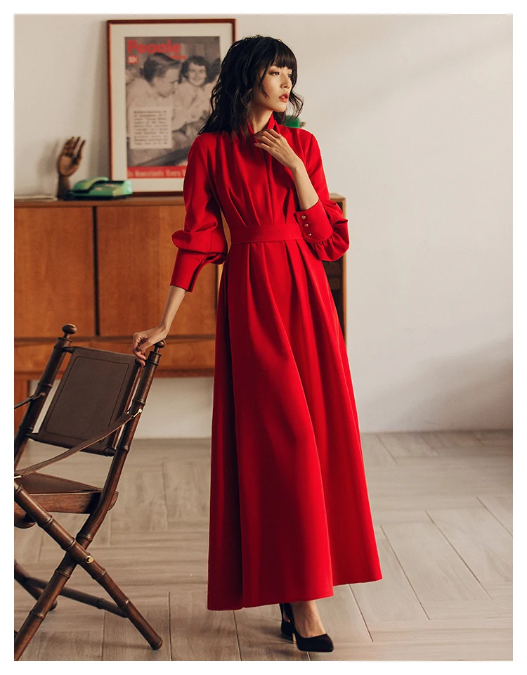 Высокое качество Красный длинное платье осень Стиль Для женщин с высоким, плотно облегающим шею воротником с бантом сзади; пояс с длинным рукавом Вечерние Длинные Maxi dress Vestidos De Festa