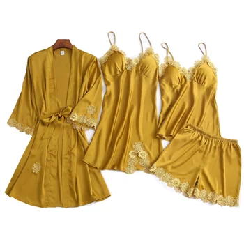 

2020 Sexy Pajamas Female Spring and Autumn Thin Ice Silk Camisole Chest Pad Nightgown Five Suite Bathrobe Ms. Summer Nightgown
