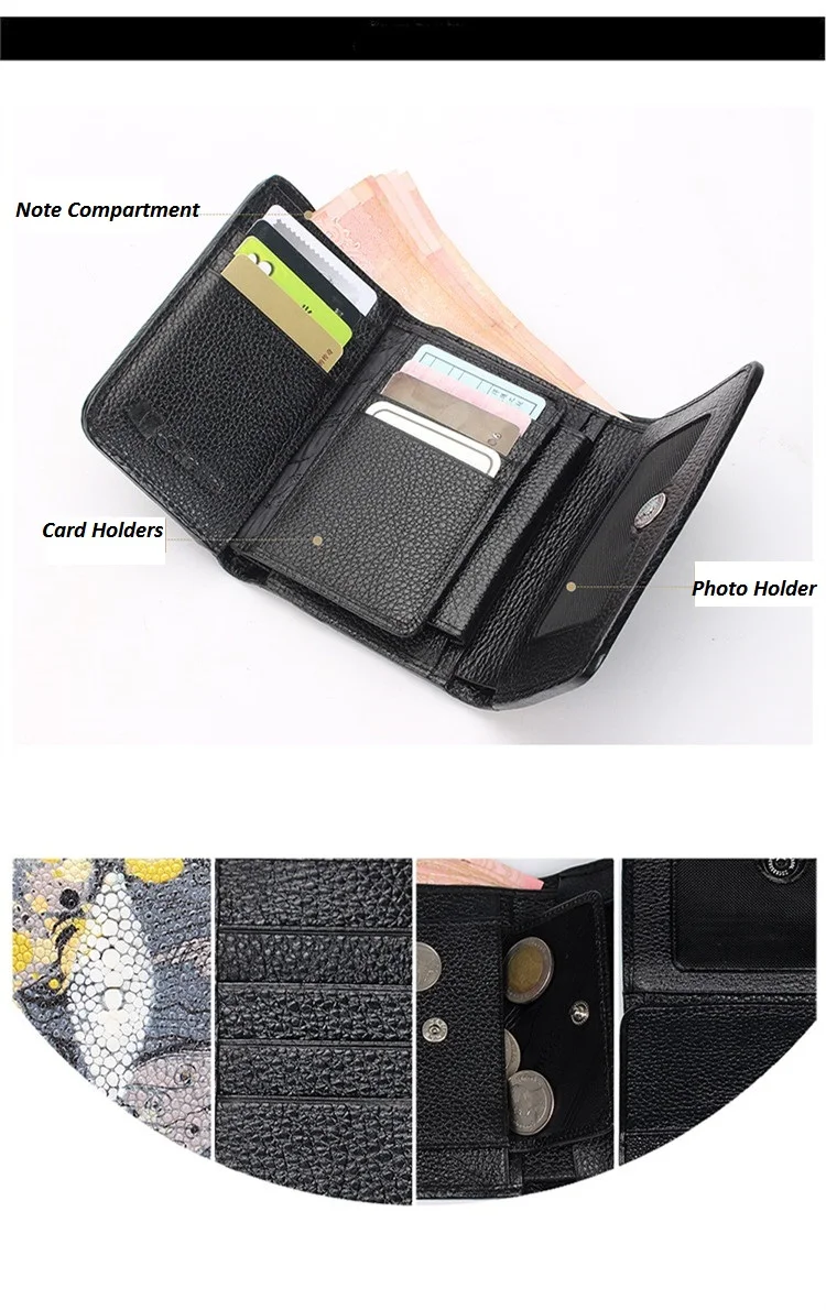 Thailand Authentic Stingray Leather Women's Card Holders Genuine Skate Skin Lady Small Trifold Wallet Female Short Clutch Purse