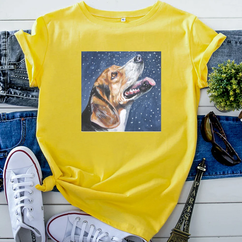 Beagle Christmas Fine Art Painting Tshirts For Women Casual Fashion Womens T Shirt Crewneck Harajuku Women Short Sleeve Tops