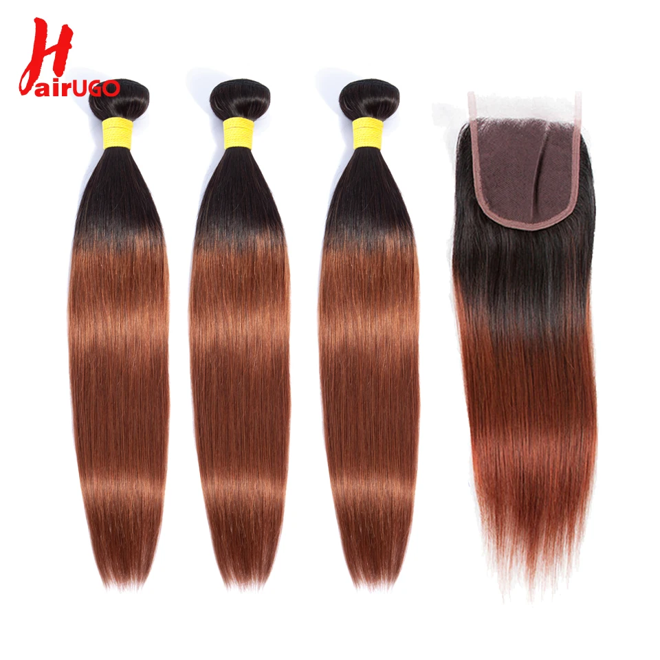 HairUGo бразильские пучки волос плетение с закрытием T1b/33 цвета не Реми прямые человеческие волосы пучки с Чехол