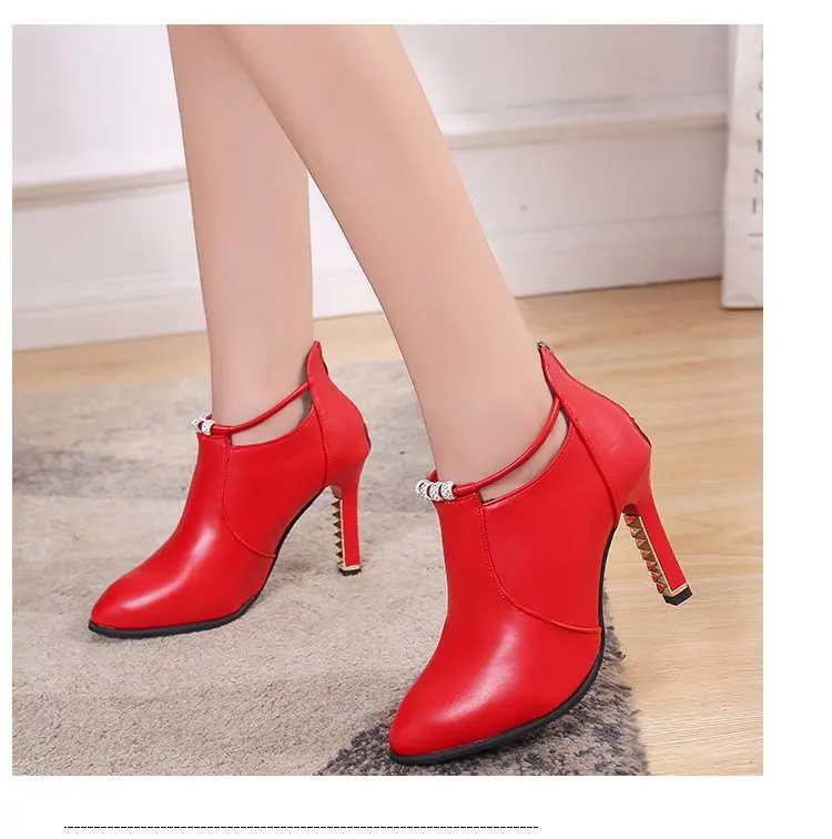 Женские ботинки красные/Черные ботильоны из pu искусственной кожи с кристаллами Демисезонные женские ботинки на молнии с острым носком и отделкой бисером женские вечерние ботинки в западном стиле