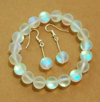 

12mm White Gleamy Rainbow Moonstone Round Beads Bracelet Earrings Set 7.5" AAA