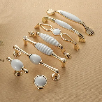 White Creamic Gold Cabinet Handles and Knobs Drawer Pulls Kitchen Door Handles Gold Furniture Handle Cabinet Door Hardware