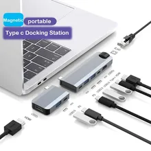 

9in1 Type C HUB USB C Magnetic Attraction Docking Station Dual PD Charging USB3.0 2*HD 4K RJ45 USB C Hub for Laptop Macbook