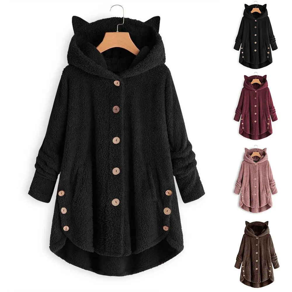 Модное плюшевое пальто, женские теплые куртки с капюшоном на пуговицах, осенне-зимняя шапка в форме животного, пальто с ушками, Женское пальто из искусственного меха, свободное однотонное пальто
