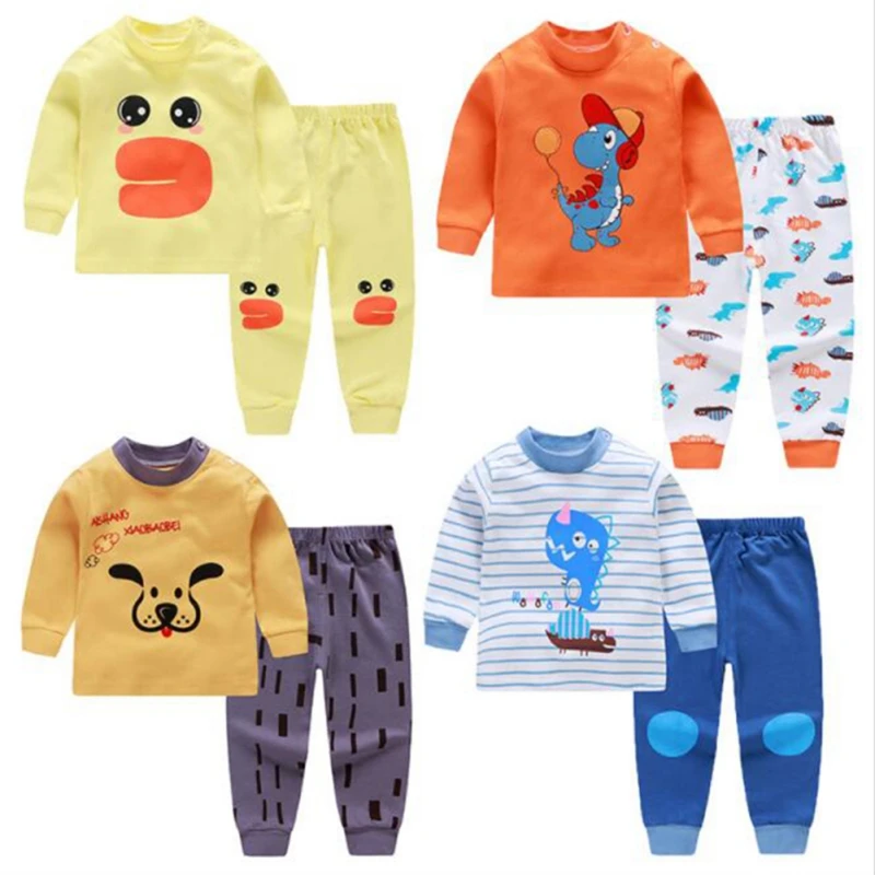 Spring Autumn Kids Boy Girl Sets Cartoon Cute Cat Dog Tree Dinosaur Shark Pattern Long Sleeve T-Shirt+Trousers Pajamas