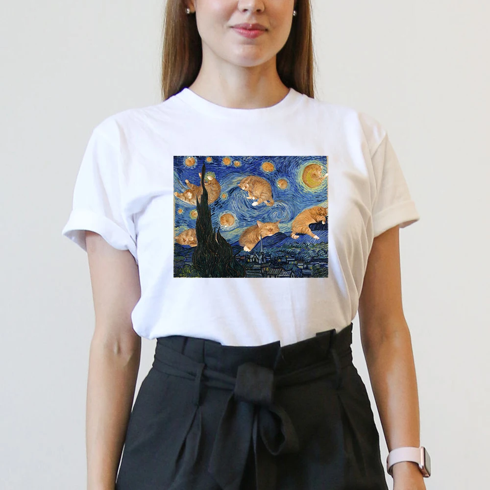 

The Furry Starry Night Art Printing Funny Harajuku tshirt Female Cute Cat Printed Plus Size Proof Tumblr T-shirt for Women