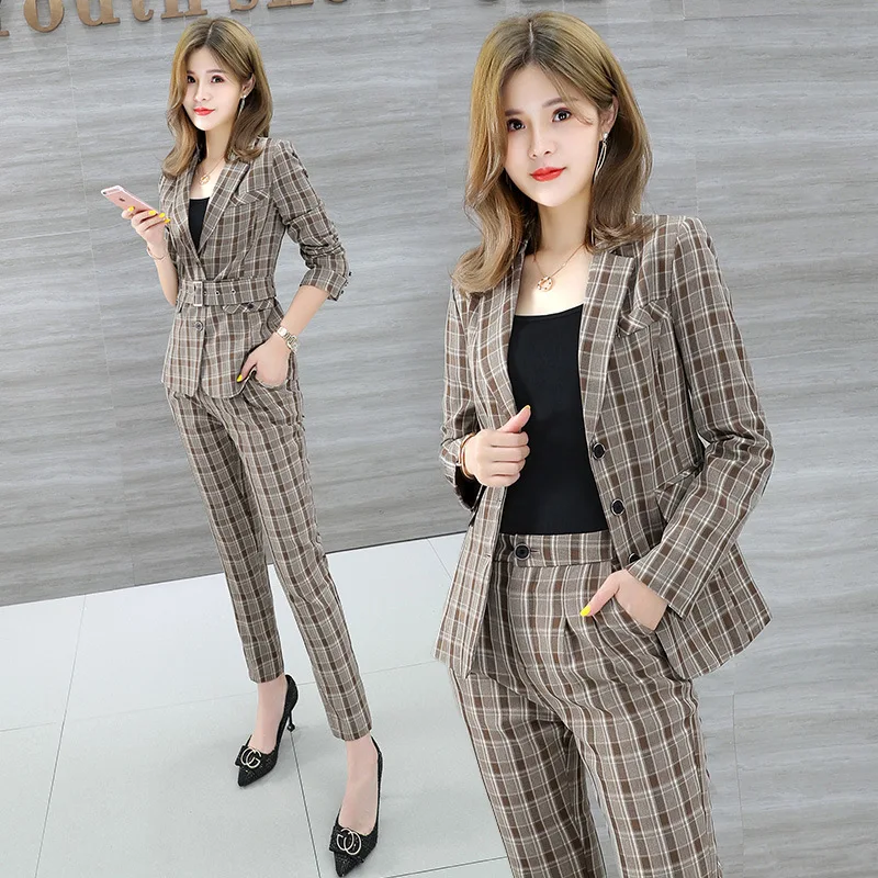

Business Suit WOMEN'S Pants Young Wind WOMEN'S Dress CHIC Two-Piece Set Western Style Korean-style Plaid Suit Jacket Spring And