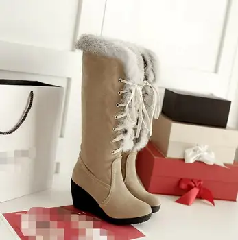 

Women Furry Knee High Boots Wedge Heels Lace Up Platform Cute Shoes Winter