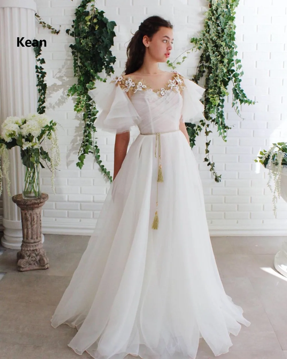 Ivory Evening Dress Cap Sleeve Gold 