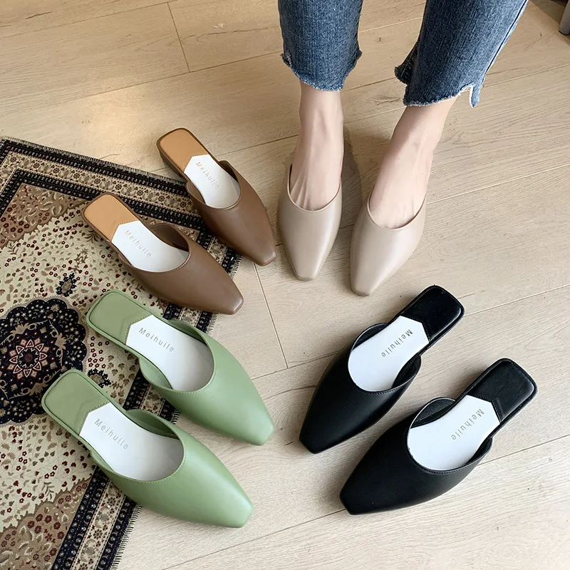 

New Flat Shoes Summer Flats Lady Sandals Slippers PU Leather Slip On Pointed Toe Women Mules Outdoor Slipper Shoes Woman Slides