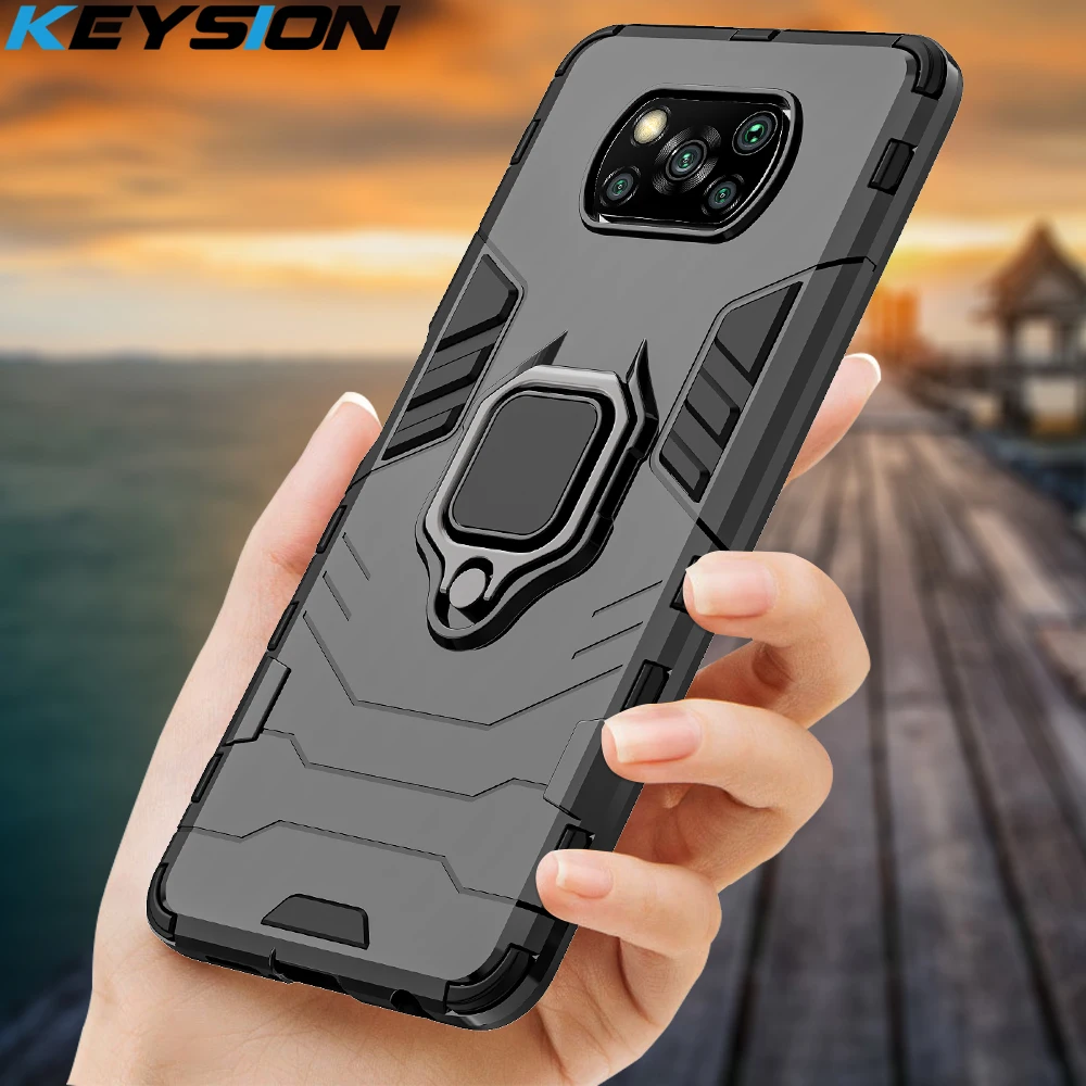KEYSION Shockproof Armor Case for Xiaomi POCO X3 NFC M3 F2 Pro Ring Stand Phone Back Cover for Xiaomi Pocophone X3 Pro X2 F3 F1