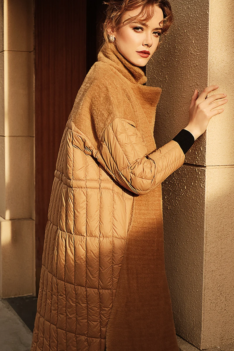 Новинка года; теплое зимнее длинное пуховое пальто с длинными рукавами в стиле пэчворк; повседневные пуховики коричневого цвета
