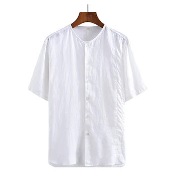 

2020 Pure Linen Summer Collarless Shirts For Men Short Sleeve Fashion Shirt Man Casual Tops Y2644