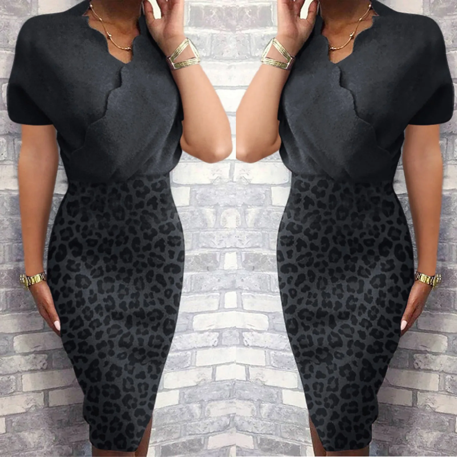 Women Dress Casual Lace Collar Leopard Print High Waist Patchwork Hip Sexy Female Short Sleeve Dress Mid-Calf Tight Vestido 1