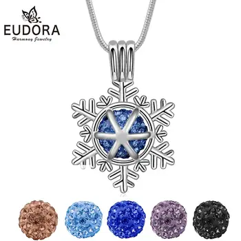 

Eudora 8mm Snow Shape hollow Cage Locket Pendant Necklace fit 8 mm 5pcs Colorful Crystal Ball &Pearl with box fine Jewelry K283
