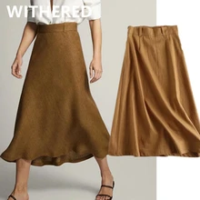 

Maxdutti faldas mujer moda 2021 england office lady indie folk skirts womens simple linen high waist A-line midi skirt womenlong