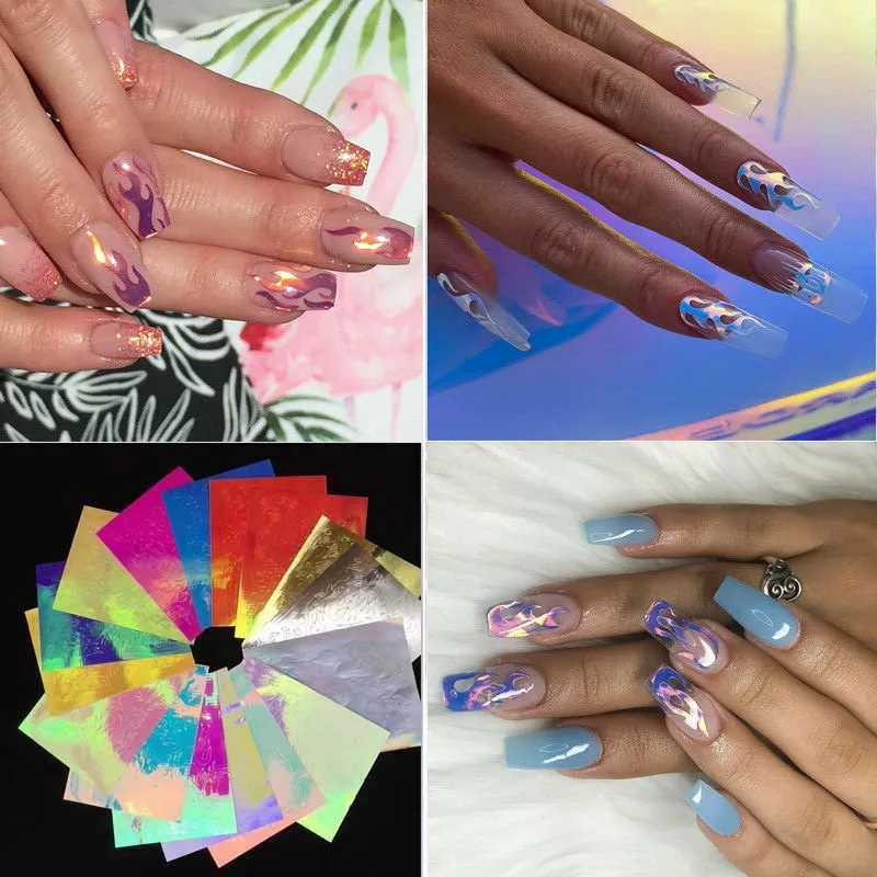 

DIY 16Pcs Holographic Fire Nail Strip Tape Blaze Hollow Art Stickers Stencil Decals Foil Decor Thin Laser Silver Stripe Sticker
