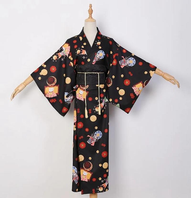 Женская японская традиционная Лолита кимоно юката с Obi винтажный карнавальный костюм - Цвет: Черный