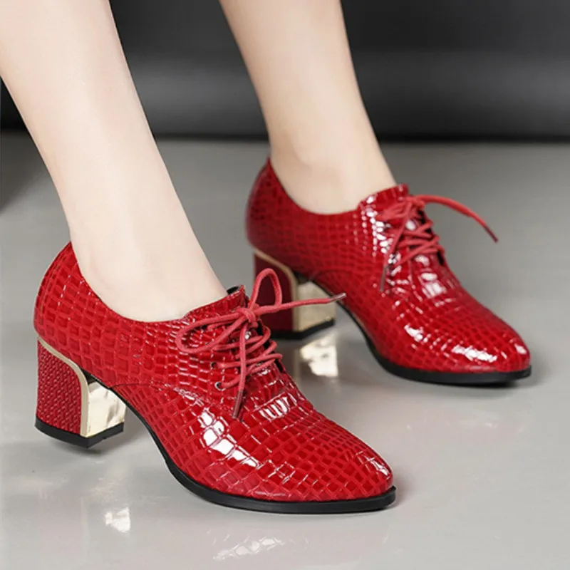 

2020 New Style Spring Shoes Women's British-Style shen kou xie High-Heel Chunky-Heel Red Casual Large Size WOMEN'S Leather Shoes
