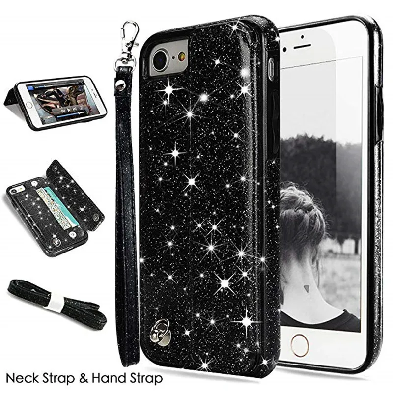 

Wallet Glitter Leather Cover For iPhone X XS Max XR 5S SE 6 6s 7 8 Plus Flip Card Slot Holder Wristlet Kick-Stand Shockproof Bag