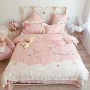 

Girl'S Cute Mermaid Embroidery Flower 60 Tencel Four-piece Set Summer Silky Bare Sleeping Bed Quilt Cover Sheet