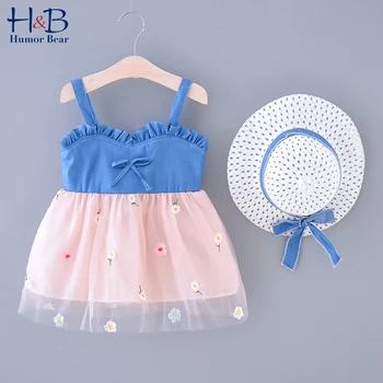 

Humor Bear 2020 Children'S Clothing Summer New Girls Dress Thin Denim Stitching Mesh Sling Princess Dress +Hat Baby Kids Clothes