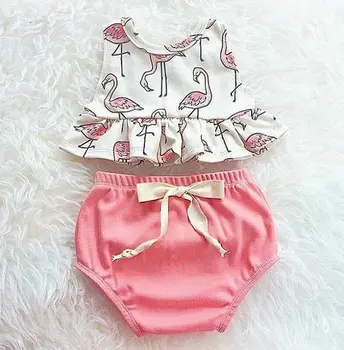 

2PCS Set Cute Cartoon Flamingo Toddler Baby Girls Sleeveless Print Ruched Swing Tops+Shorts Outfits 2PCS Set Cute Kids Clothing
