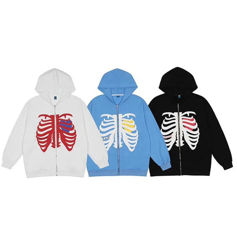 Clothes Skeleton Printing Hoodie Anime Men Women Long-sleeve Zipper Hoodie Jacket Loose Streetwear Kpop Clothes Oversized