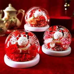 2021 Valentine's Day Gift Preserved Flowers Glass Dome With Light Gift Lucky Cat For Opening Christmas New Year Holiday Presents