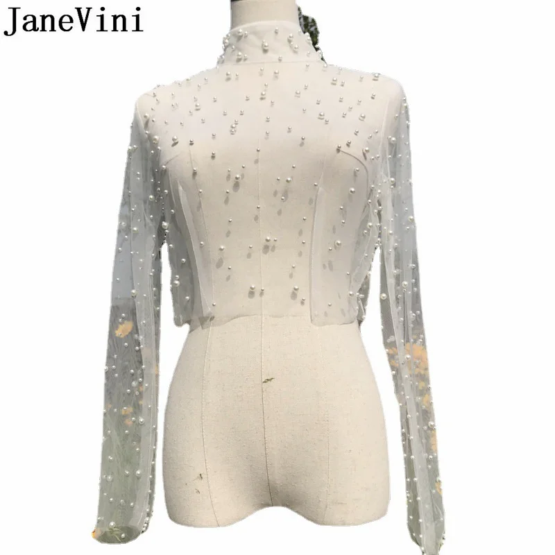 JaneVini 2021 Elegant Ivory Tulle Shrug Wedding Coat Bridal Capes for Wedding Dress Long Sleeves Pearls Women Evening Wrap Shawl