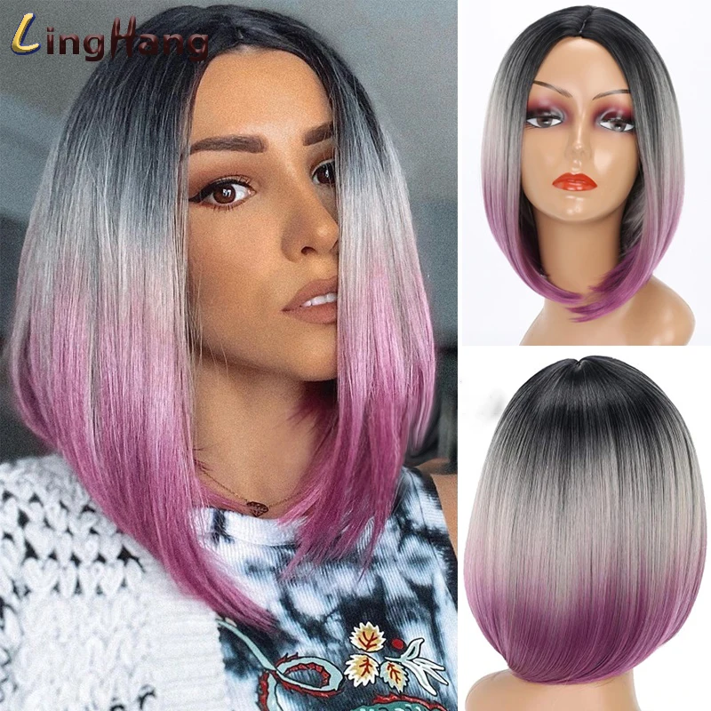 

LINGHANG Synthetic Wigs for Woman Black Ombre Grey Burgundy Blonde Silver Brown African American Striaght Bob Wig