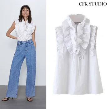 

ZA 2020 New Women Chiffon Blouse With Ruffles Short Sleeve Shirt High Street fashion White Top