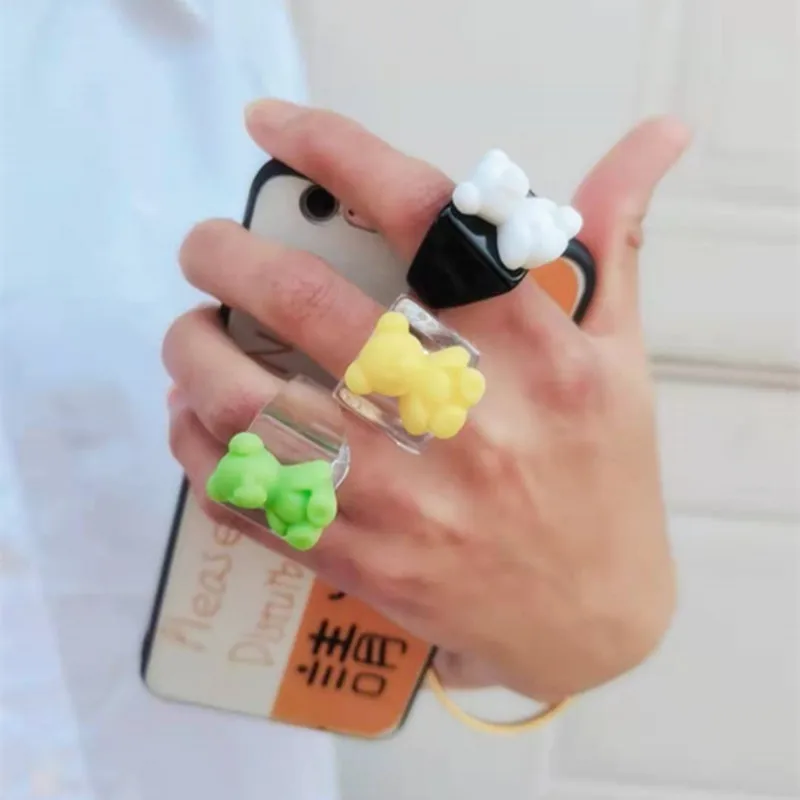 Cute Funny Bear Animal Acrylic Rings For Women Cartoon Colorful Resin Transparent Wide Finger Ring For Girl Party Jewelry Gift