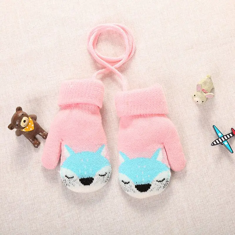 New Cute Cartoon Fox Baby Gloves Baby Winter Wool Plus Thick Full Rope Finger Mittens Boy Girl Warm Knitted Glove for Kids Boys