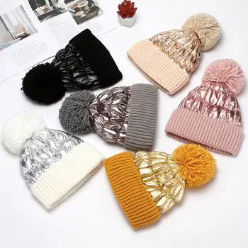 

2020 Winter Women Solid Color Thickened Pompon Knitted Hat Shiny Warm Beanie Cap women girl 's knitted cap thick female cap